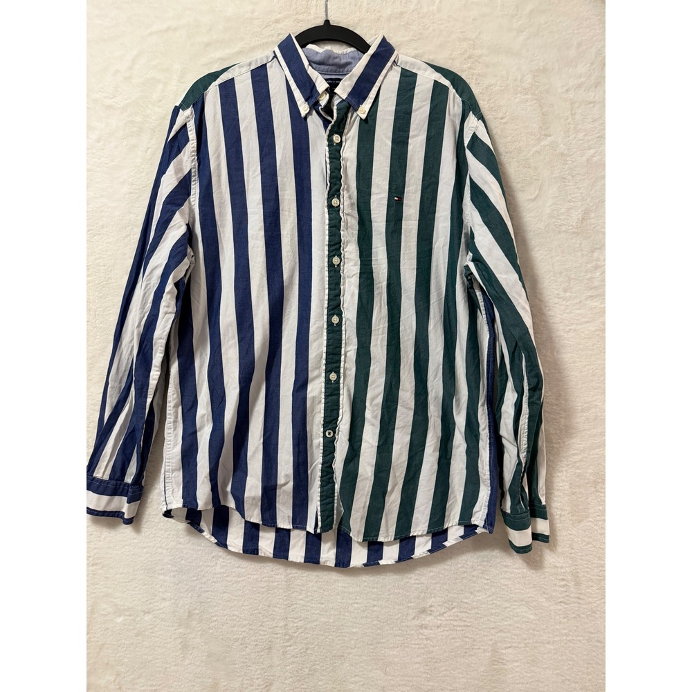 Tommy Hilfiger Mens Large Classic Fit Striped Button Down Shirt Blue Green L